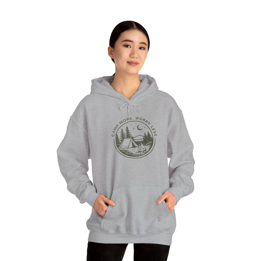 Camping Hoodie — "Camp More, Worry Less" Outdoor Adventure Pullover