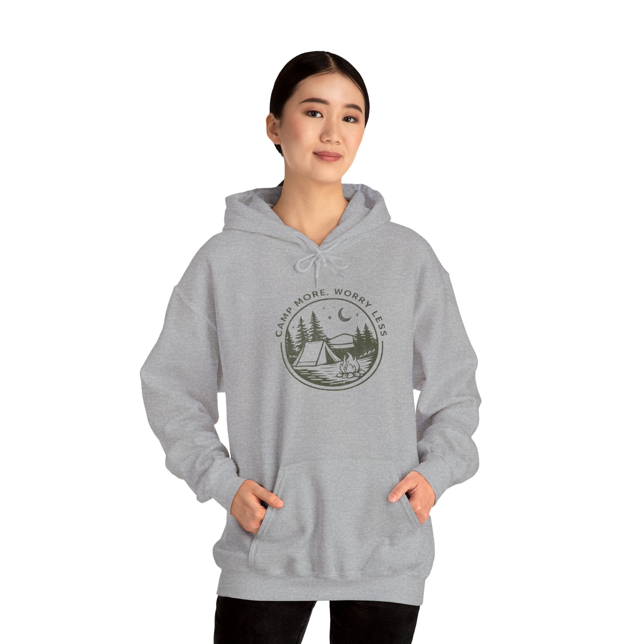 Camping Hoodie — "Camp More, Worry Less" Outdoor Adventure Pullover