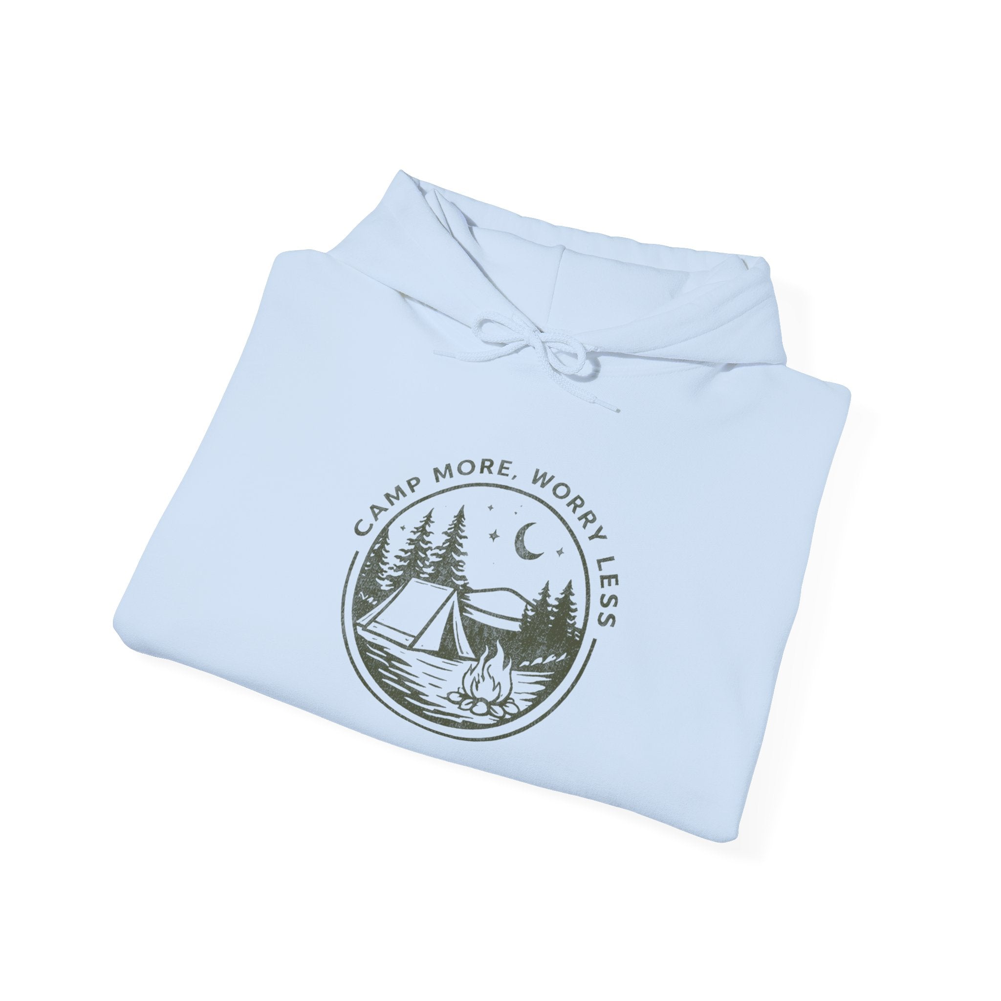 Camping Hoodie — "Camp More, Worry Less" Outdoor Adventure Pullover
