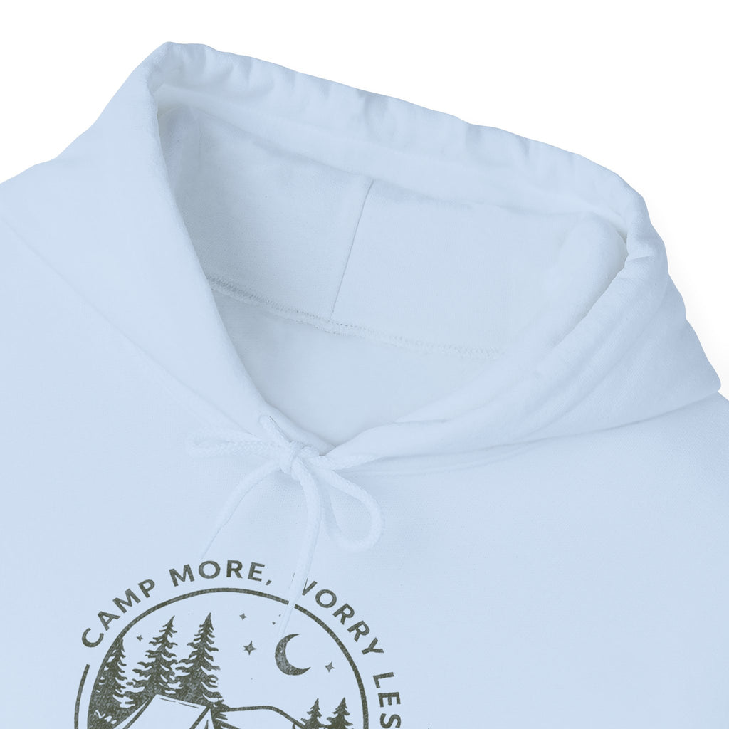 Camping Hoodie — "Camp More, Worry Less" Outdoor Adventure Pullover