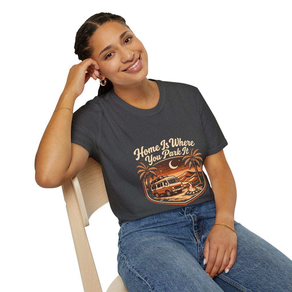 Vintage Surf Camper T-Shirt — "Home Is Where You Park It" Beach Tee