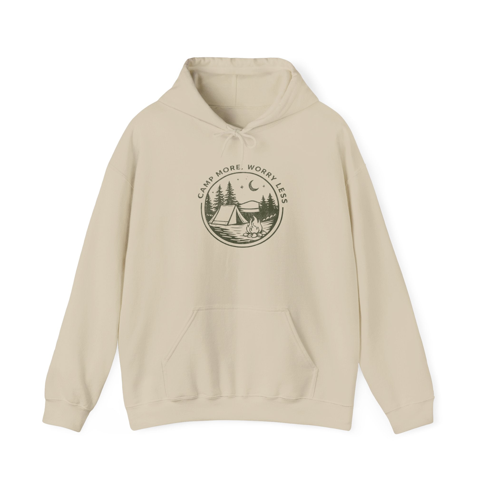 Camping Hoodie — "Camp More, Worry Less" Outdoor Adventure Pullover