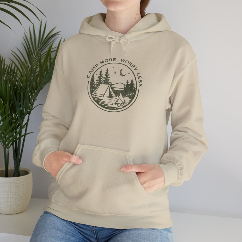 Camping Hoodie — "Camp More, Worry Less" Outdoor Adventure Pullover