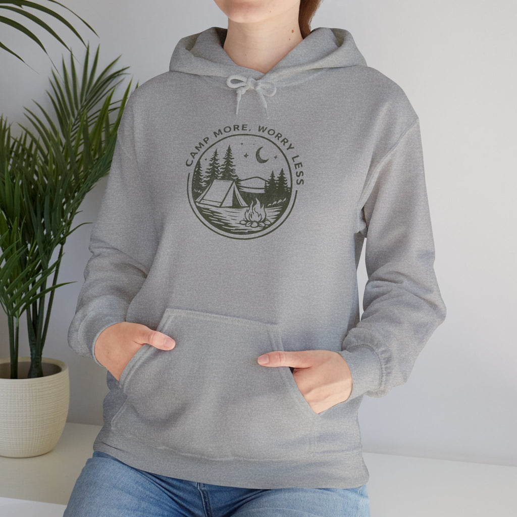 Camping Hoodie — "Camp More, Worry Less" Outdoor Adventure Pullover