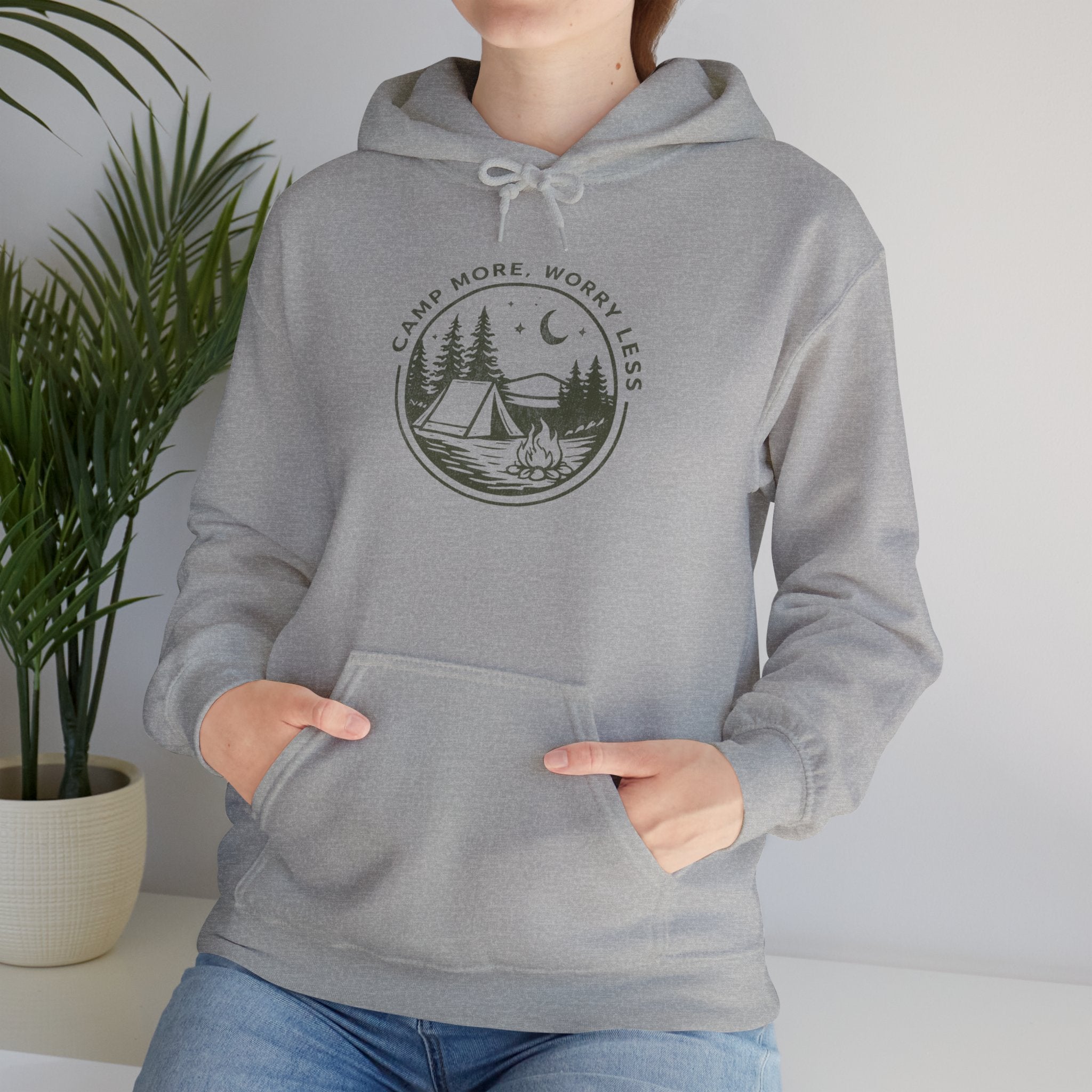 Camping Hoodie — "Camp More, Worry Less" Outdoor Adventure Pullover