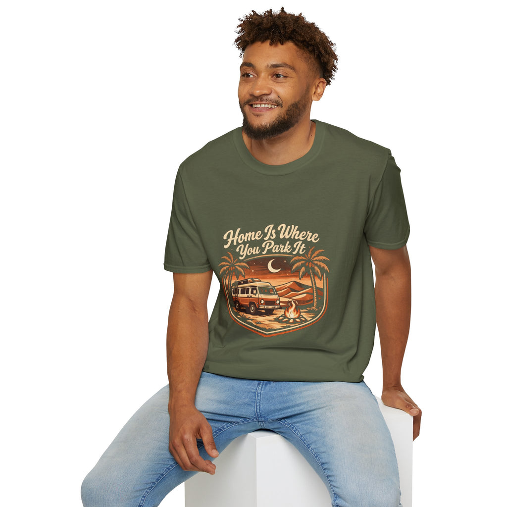 Vintage Surf Camper T-Shirt — "Home Is Where You Park It" Beach Tee