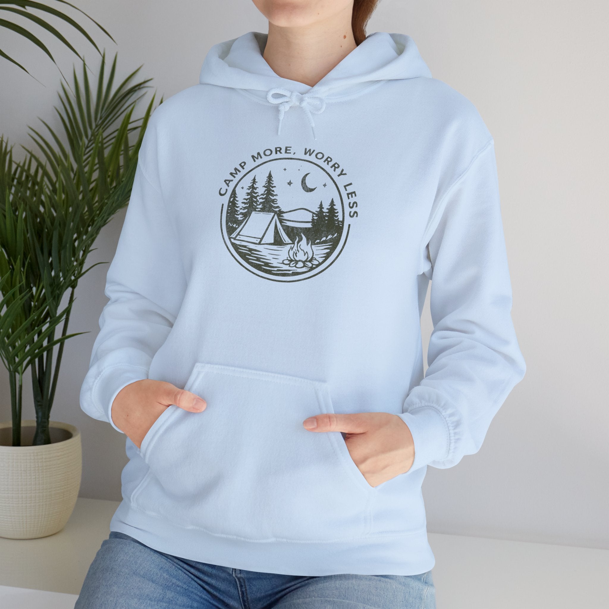 Camping Hoodie — "Camp More, Worry Less" Outdoor Adventure Pullover