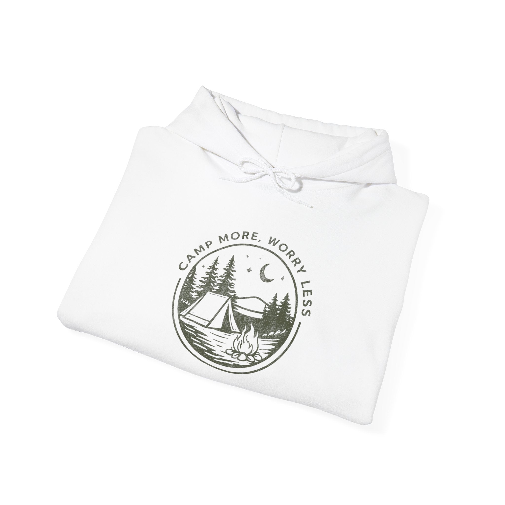 Camping Hoodie — "Camp More, Worry Less" Outdoor Adventure Pullover