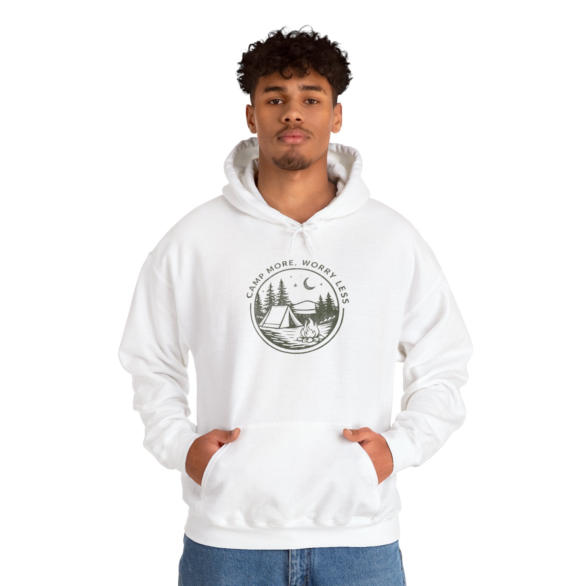 Camping Hoodie — "Camp More, Worry Less" Outdoor Adventure Pullover