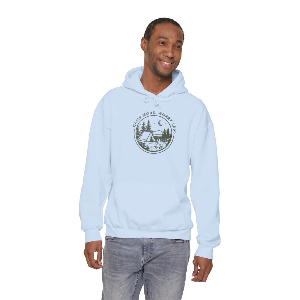 Camping Hoodie — "Camp More, Worry Less" Outdoor Adventure Pullover
