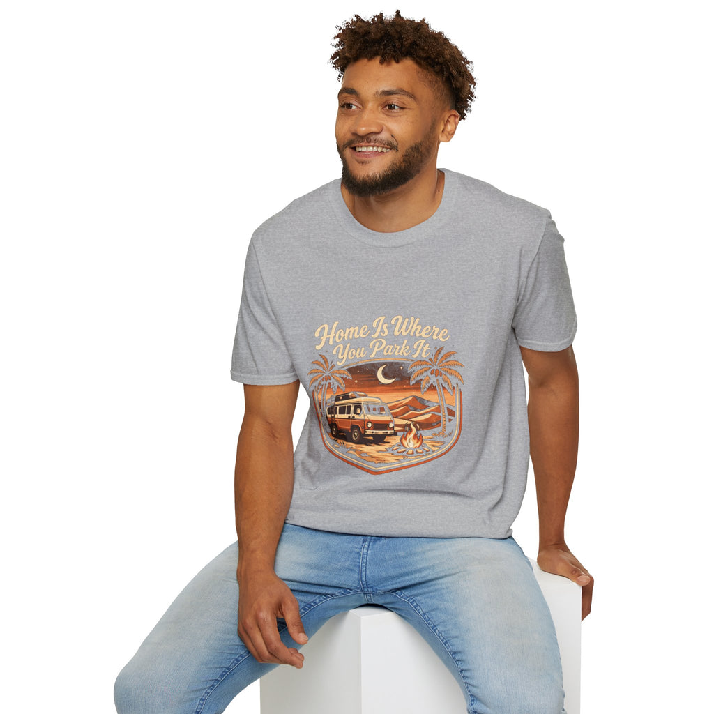 Vintage Surf Camper T-Shirt — "Home Is Where You Park It" Beach Tee