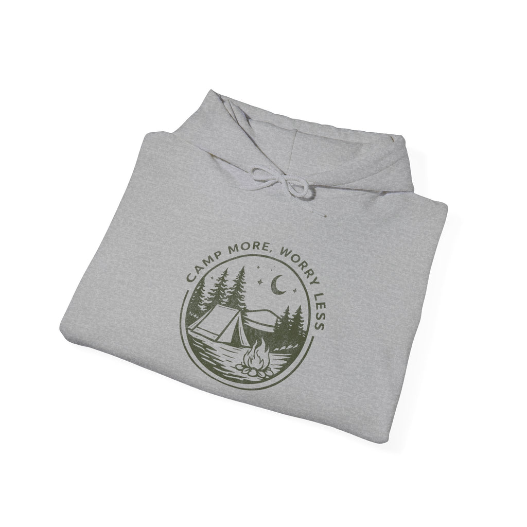 Camping Hoodie — "Camp More, Worry Less" Outdoor Adventure Pullover