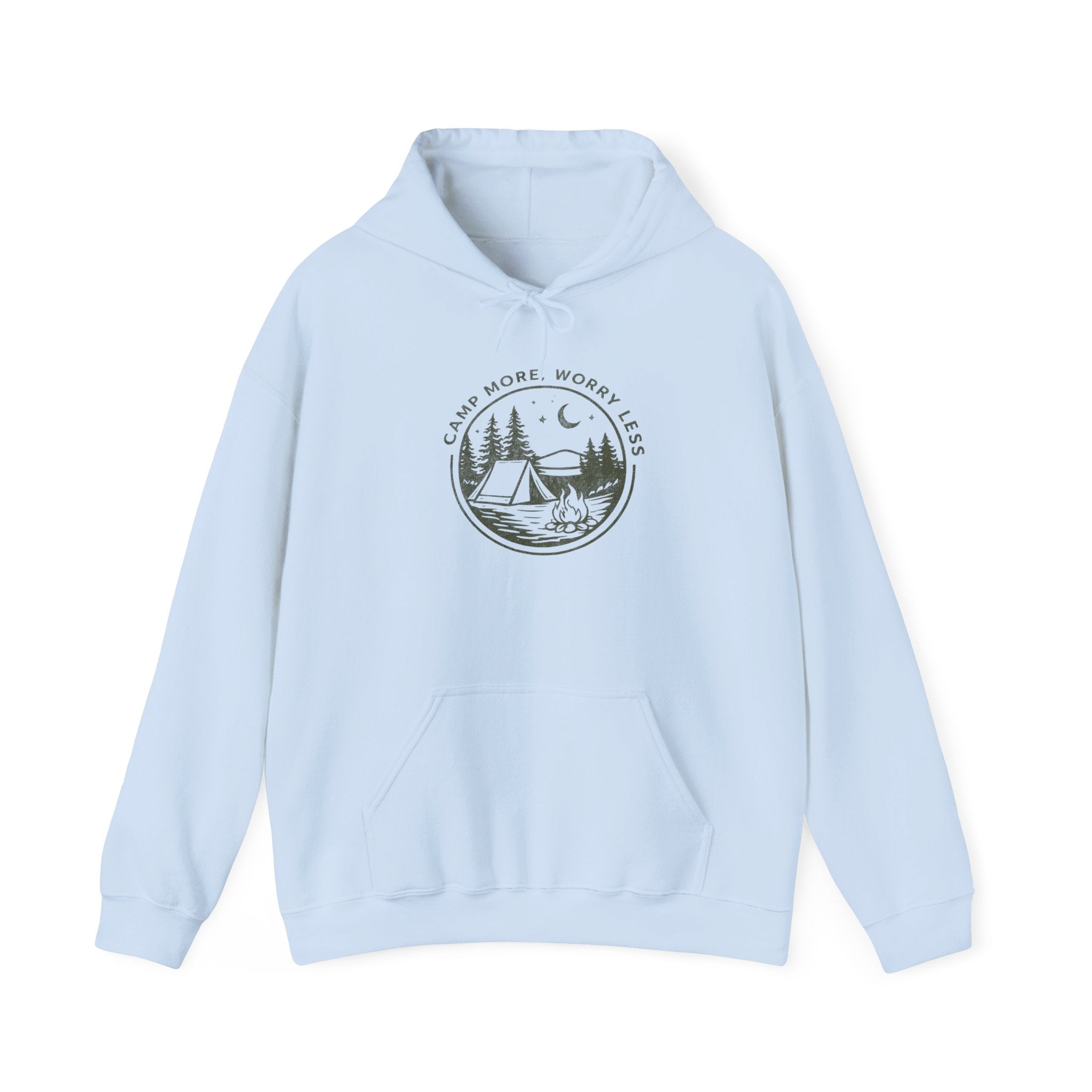 Camping Hoodie — "Camp More, Worry Less" Outdoor Adventure Pullover