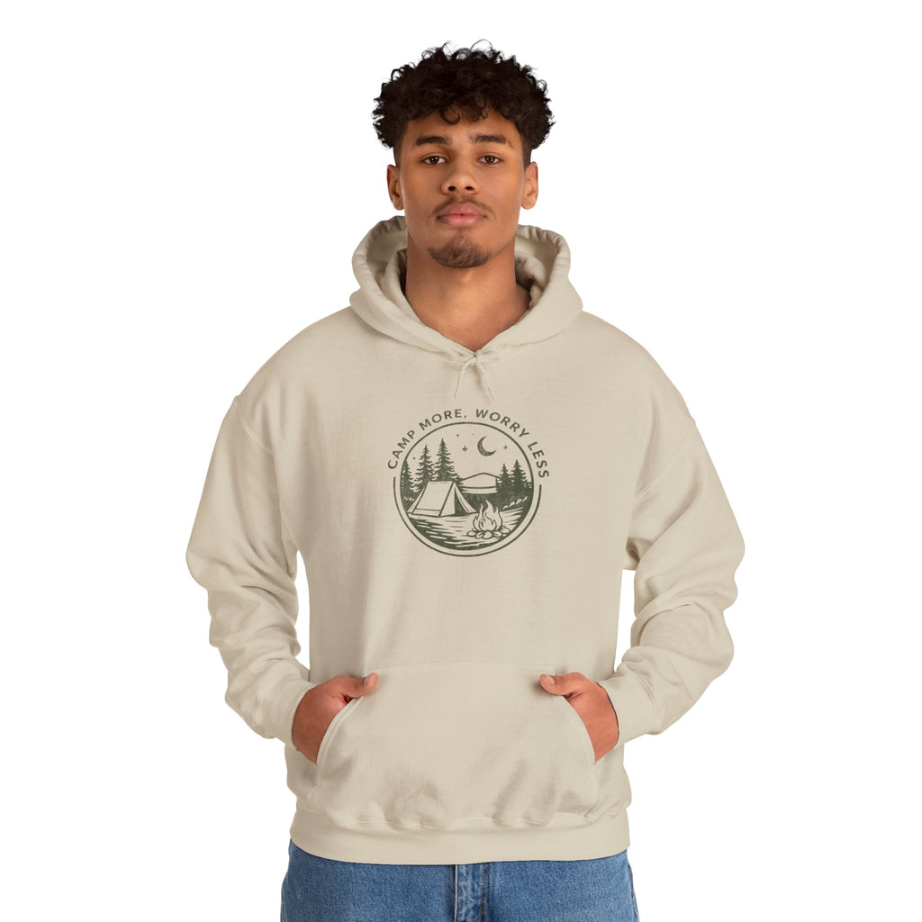 Camping Hoodie — "Camp More, Worry Less" Outdoor Adventure Pullover