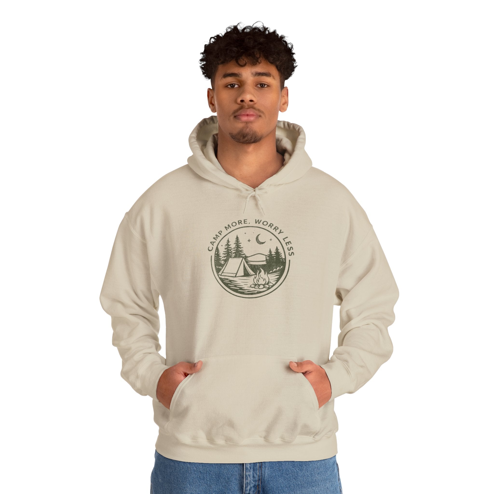 Camping Hoodie — "Camp More, Worry Less" Outdoor Adventure Pullover