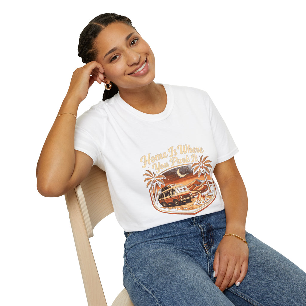 Vintage Surf Camper T-Shirt — "Home Is Where You Park It" Beach Tee