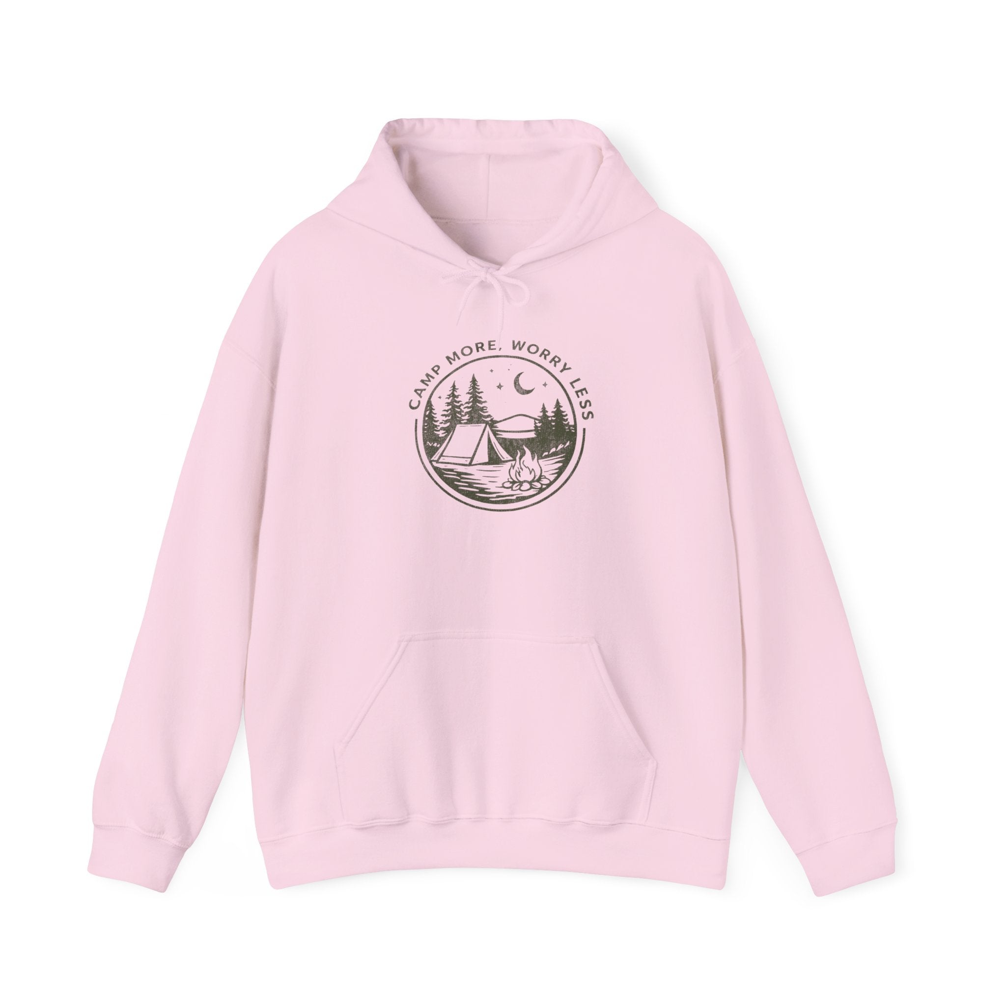 Camping Hoodie — "Camp More, Worry Less" Outdoor Adventure Pullover
