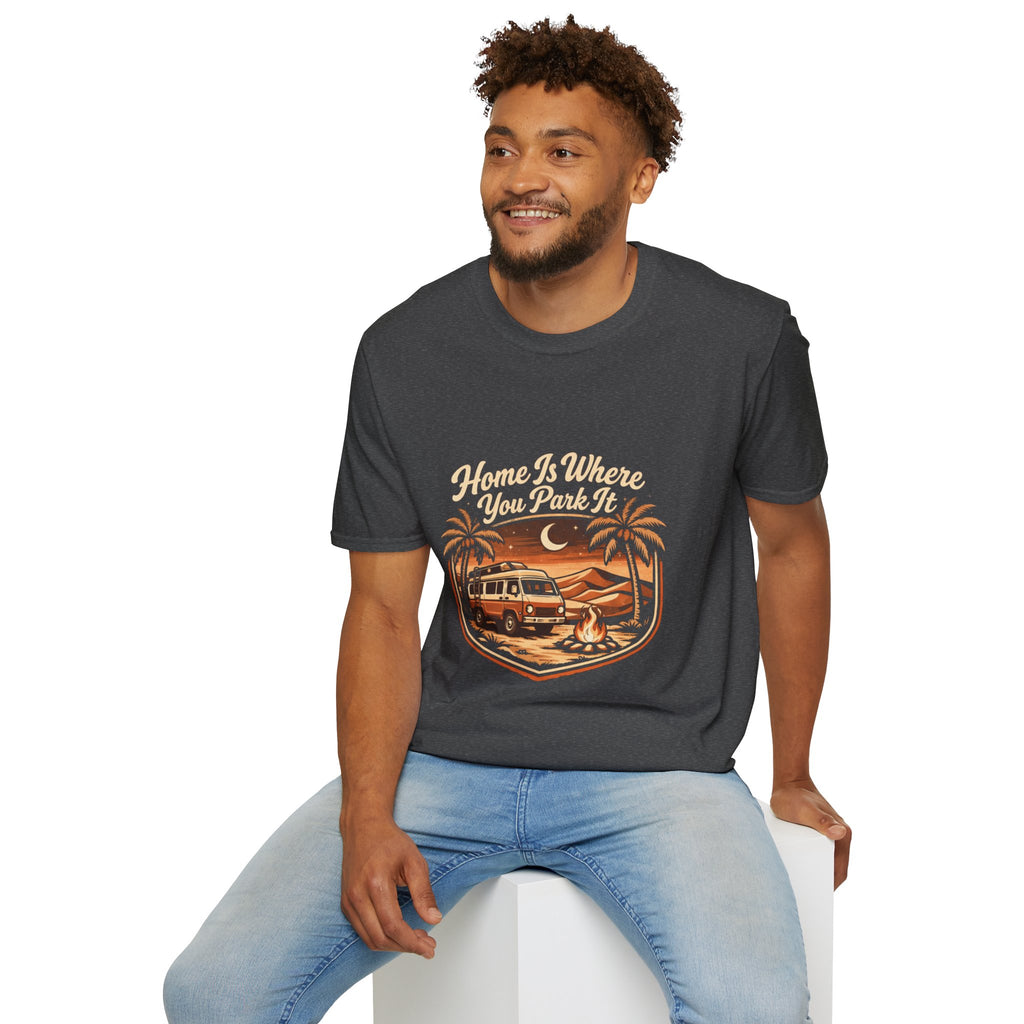 Vintage Surf Camper T-Shirt — "Home Is Where You Park It" Beach Tee