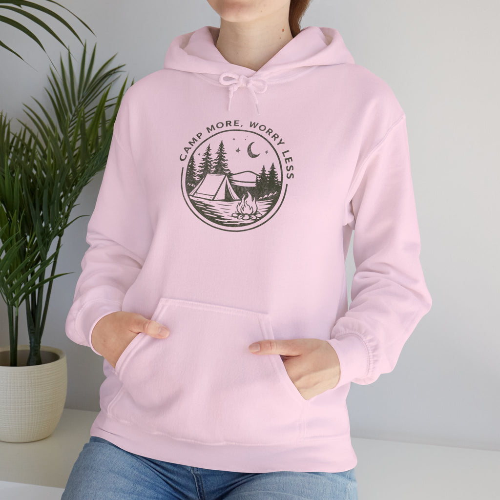 Camping Hoodie — "Camp More, Worry Less" Outdoor Adventure Pullover
