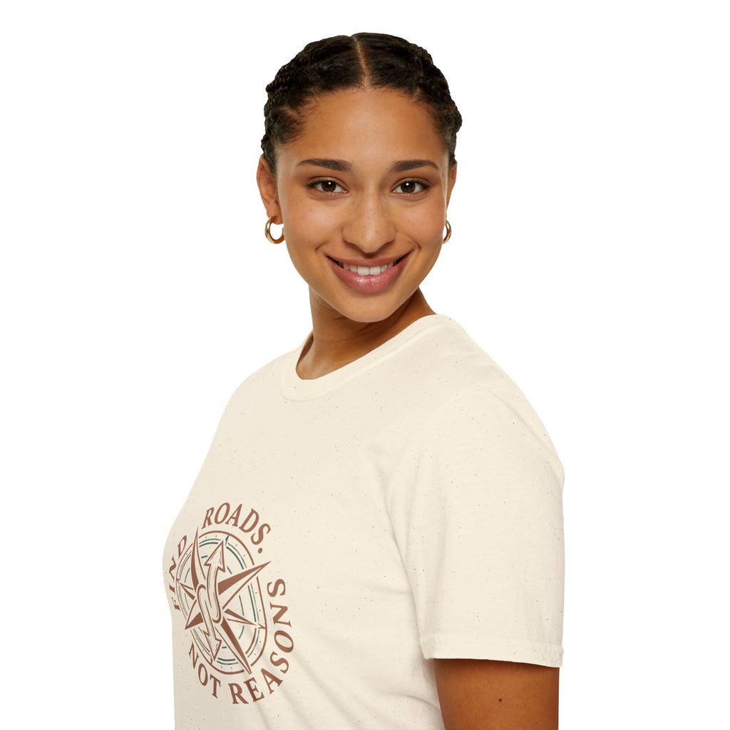 Compass Graphic T-Shirt — "Find Roads Not Reasons" Minimal Travel Tee