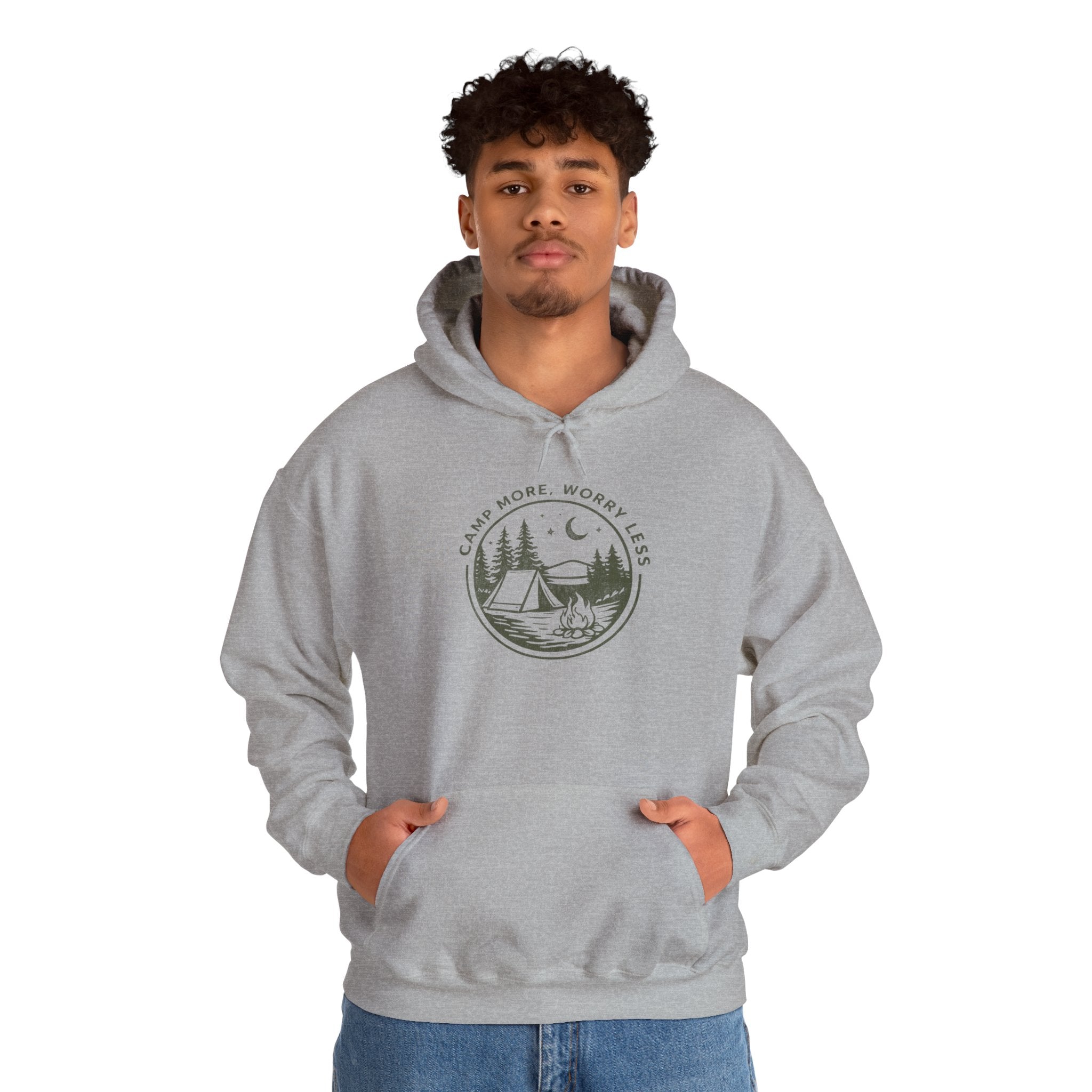 Camping Hoodie — "Camp More, Worry Less" Outdoor Adventure Pullover