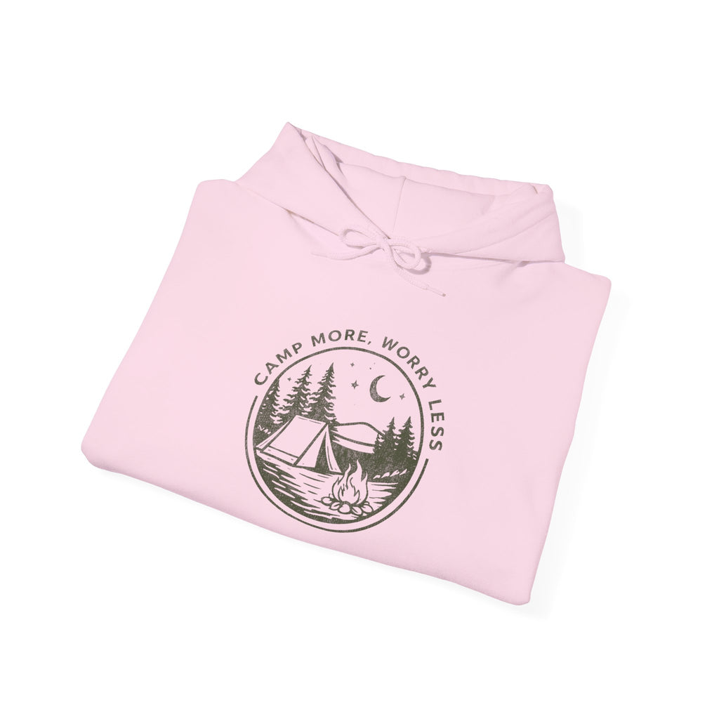 Camping Hoodie — "Camp More, Worry Less" Outdoor Adventure Pullover