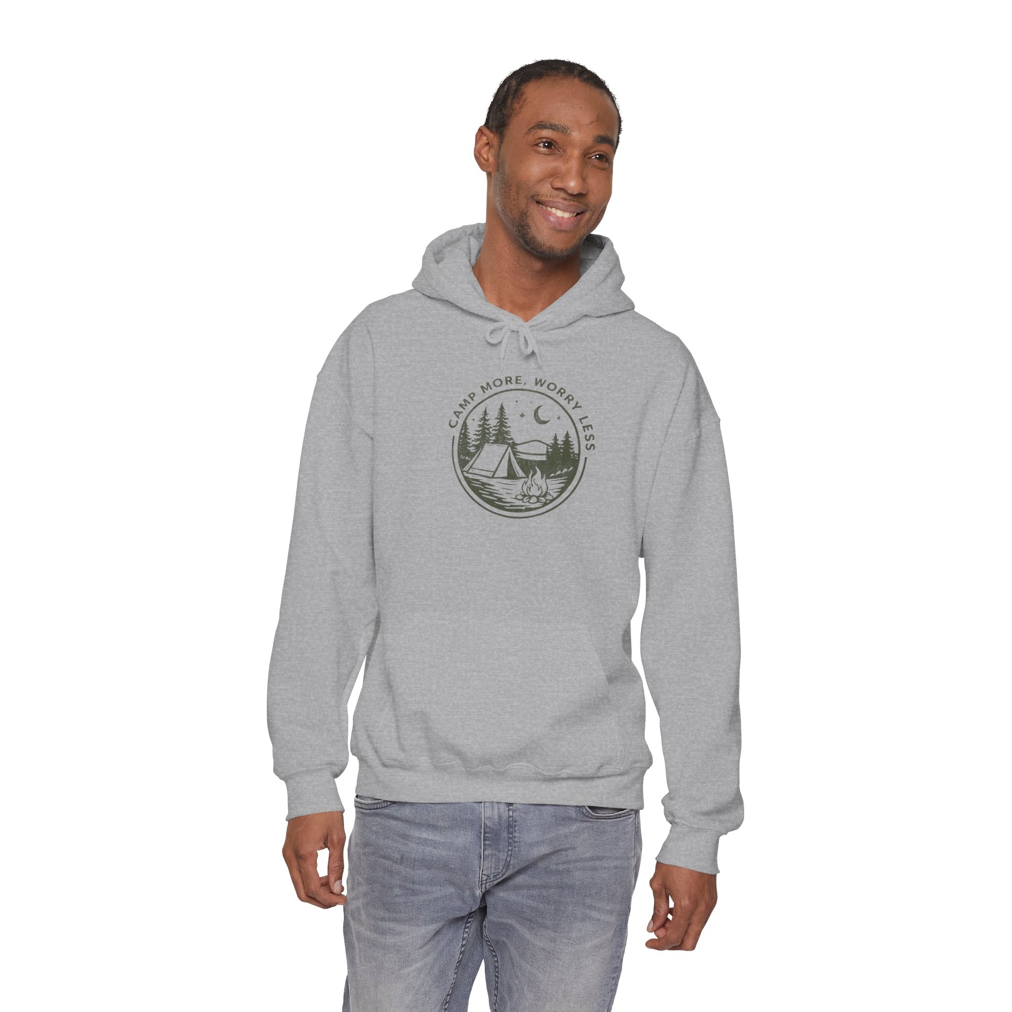 Camping Hoodie — "Camp More, Worry Less" Outdoor Adventure Pullover