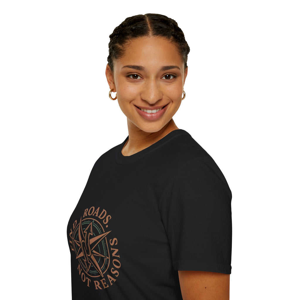 Compass Graphic T-Shirt — "Find Roads Not Reasons" Minimal Travel Tee