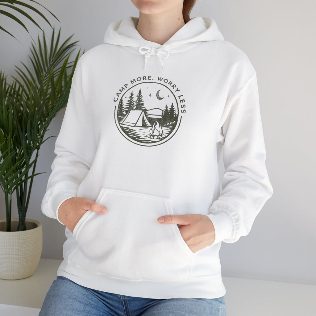 Camping Hoodie — "Camp More, Worry Less" Outdoor Adventure Pullover