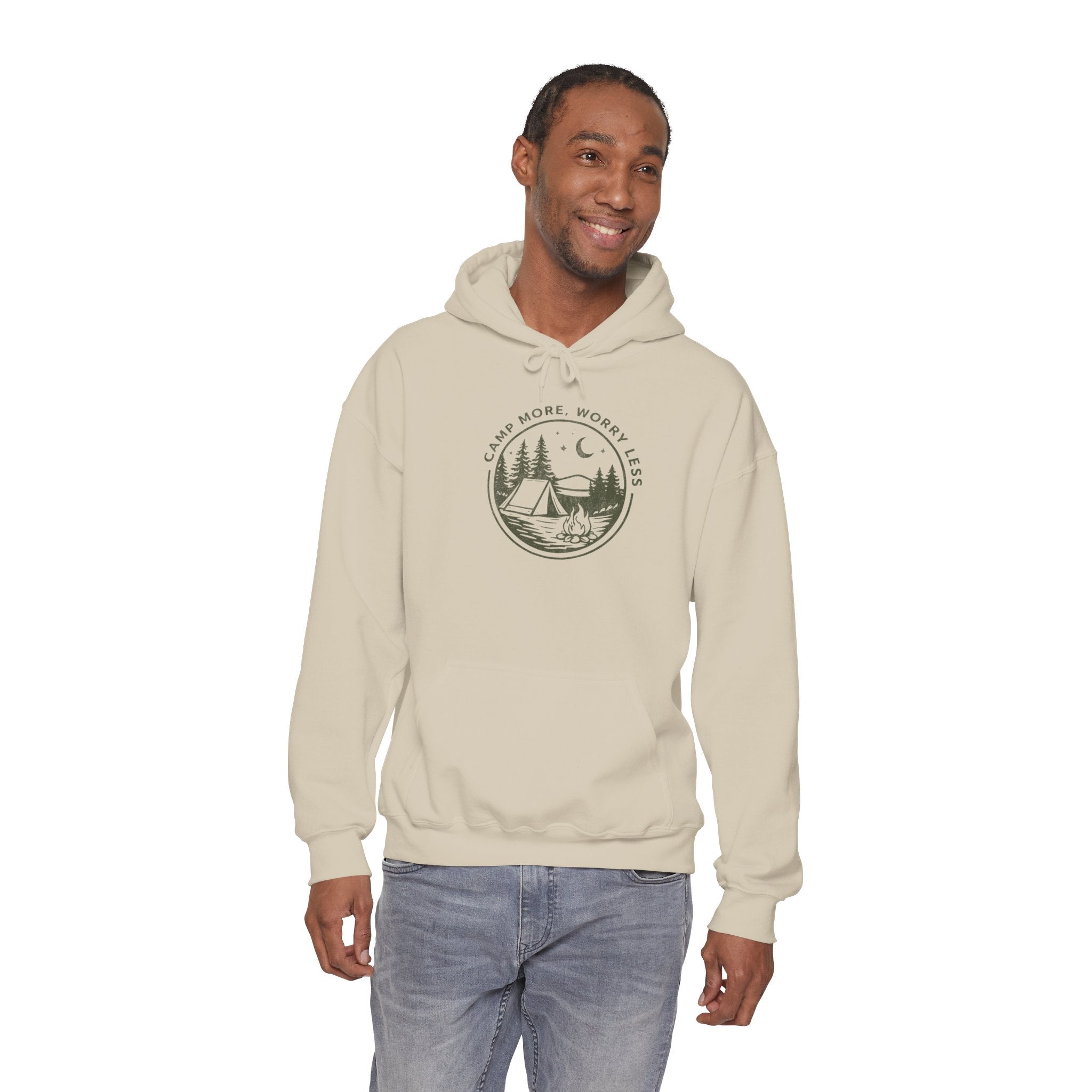 Camping Hoodie — "Camp More, Worry Less" Outdoor Adventure Pullover