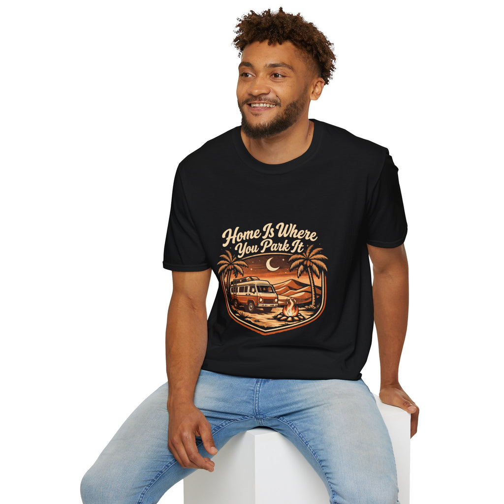 Vintage Surf Camper T-Shirt — "Home Is Where You Park It" Beach Tee