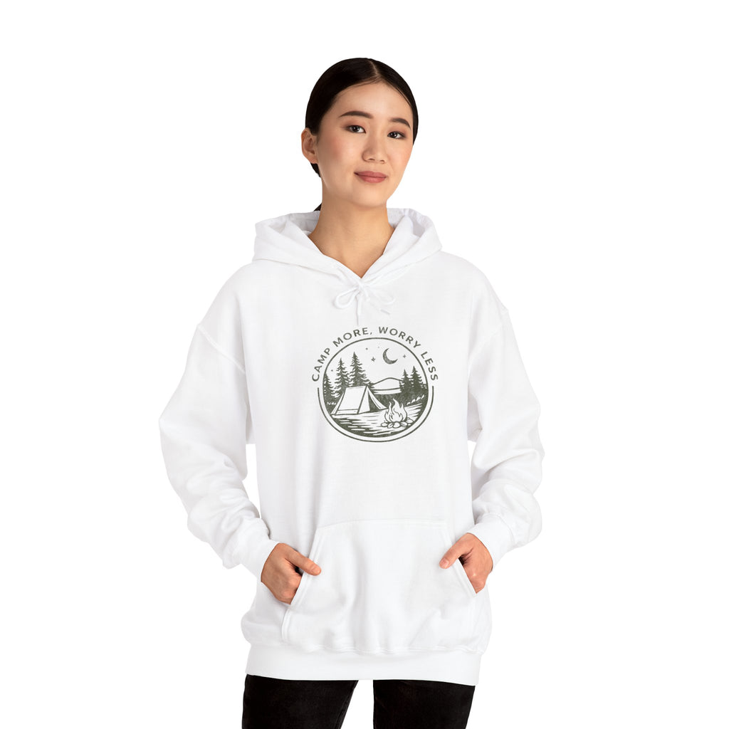 Camping Hoodie — "Camp More, Worry Less" Outdoor Adventure Pullover