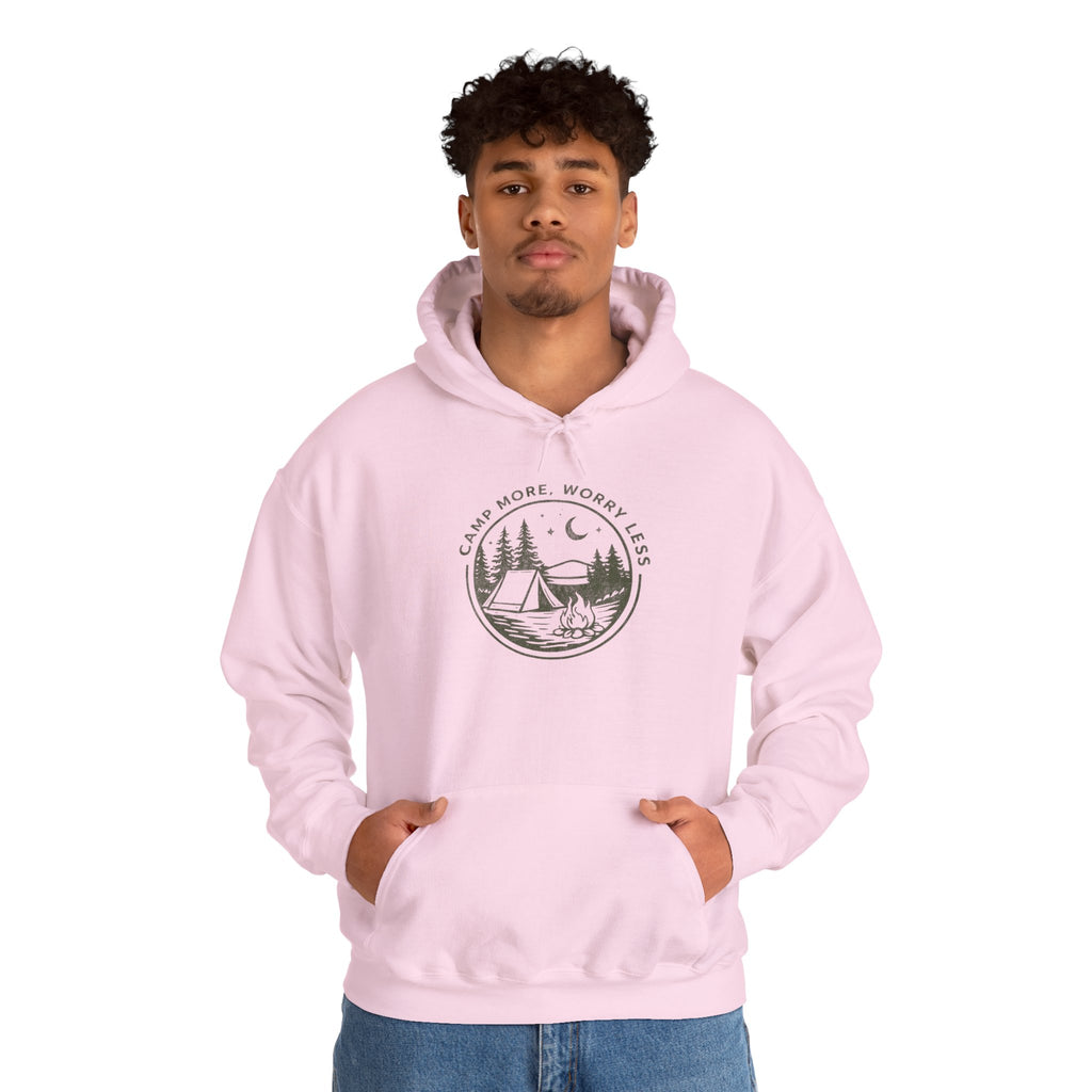 Camping Hoodie — "Camp More, Worry Less" Outdoor Adventure Pullover