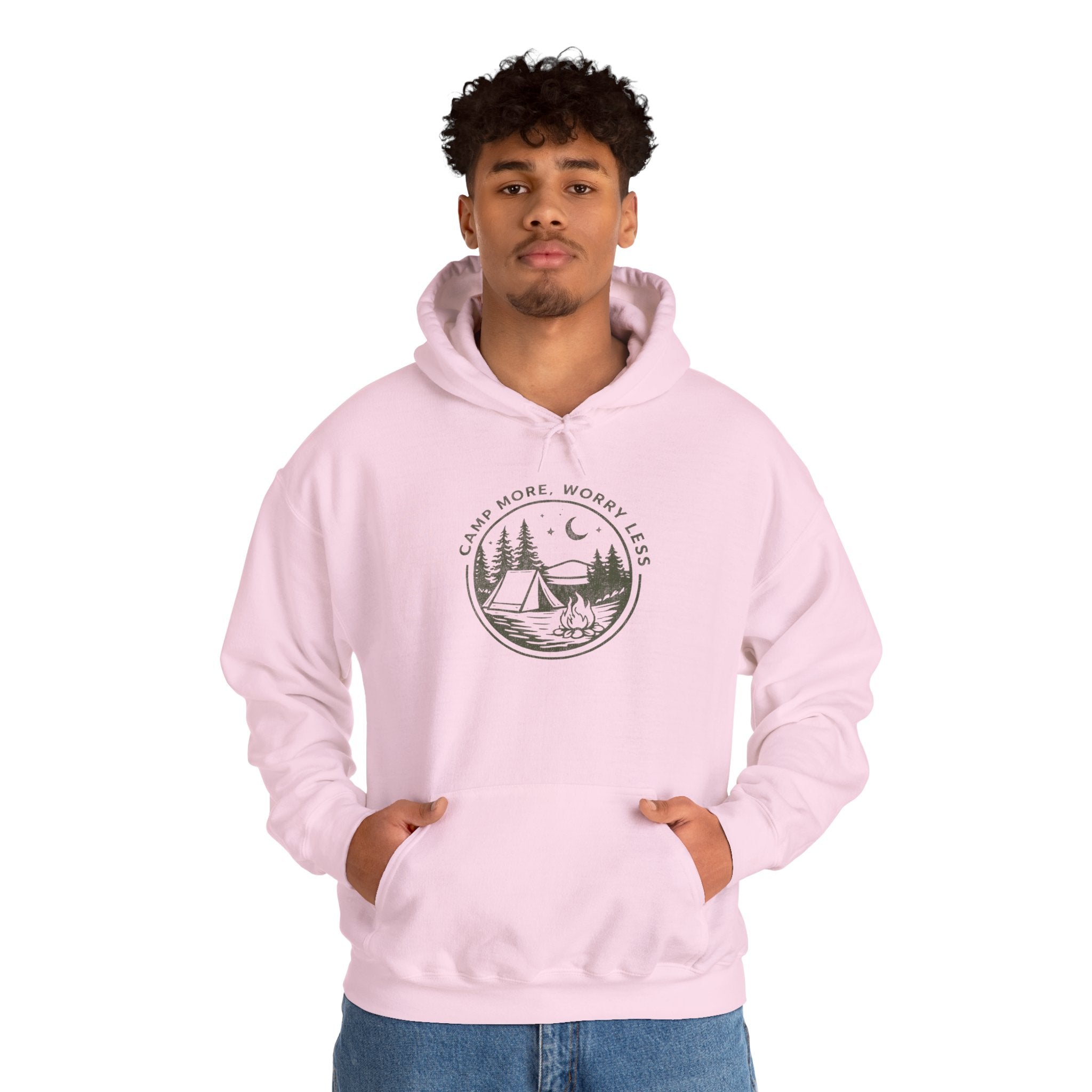 Camping Hoodie — "Camp More, Worry Less" Outdoor Adventure Pullover