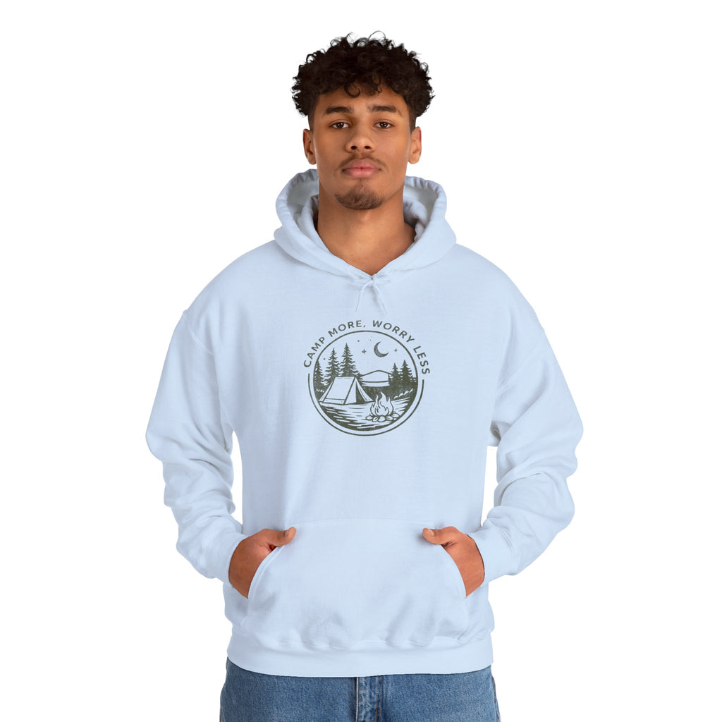 Camping Hoodie — "Camp More, Worry Less" Outdoor Adventure Pullover