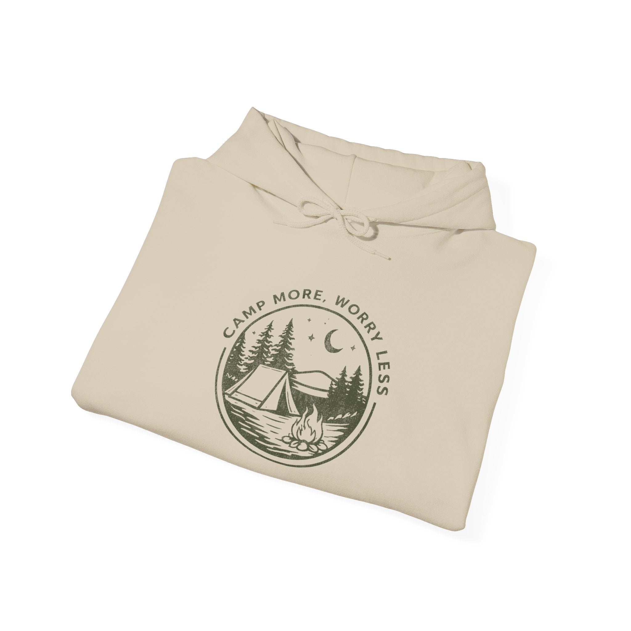 Camping Hoodie — "Camp More, Worry Less" Outdoor Adventure Pullover