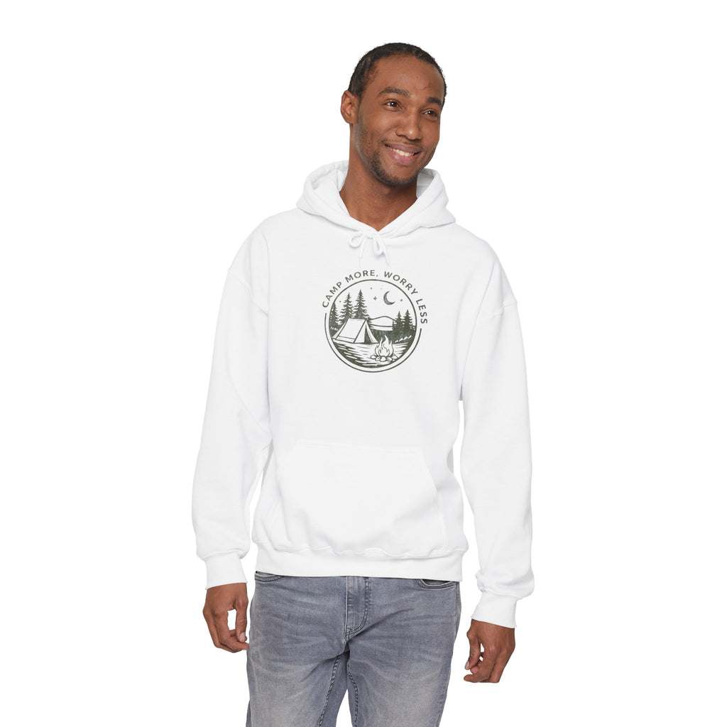 Camping Hoodie — "Camp More, Worry Less" Outdoor Adventure Pullover