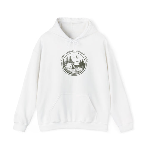 Camping Hoodie — "Camp More, Worry Less" Outdoor Adventure Pullover