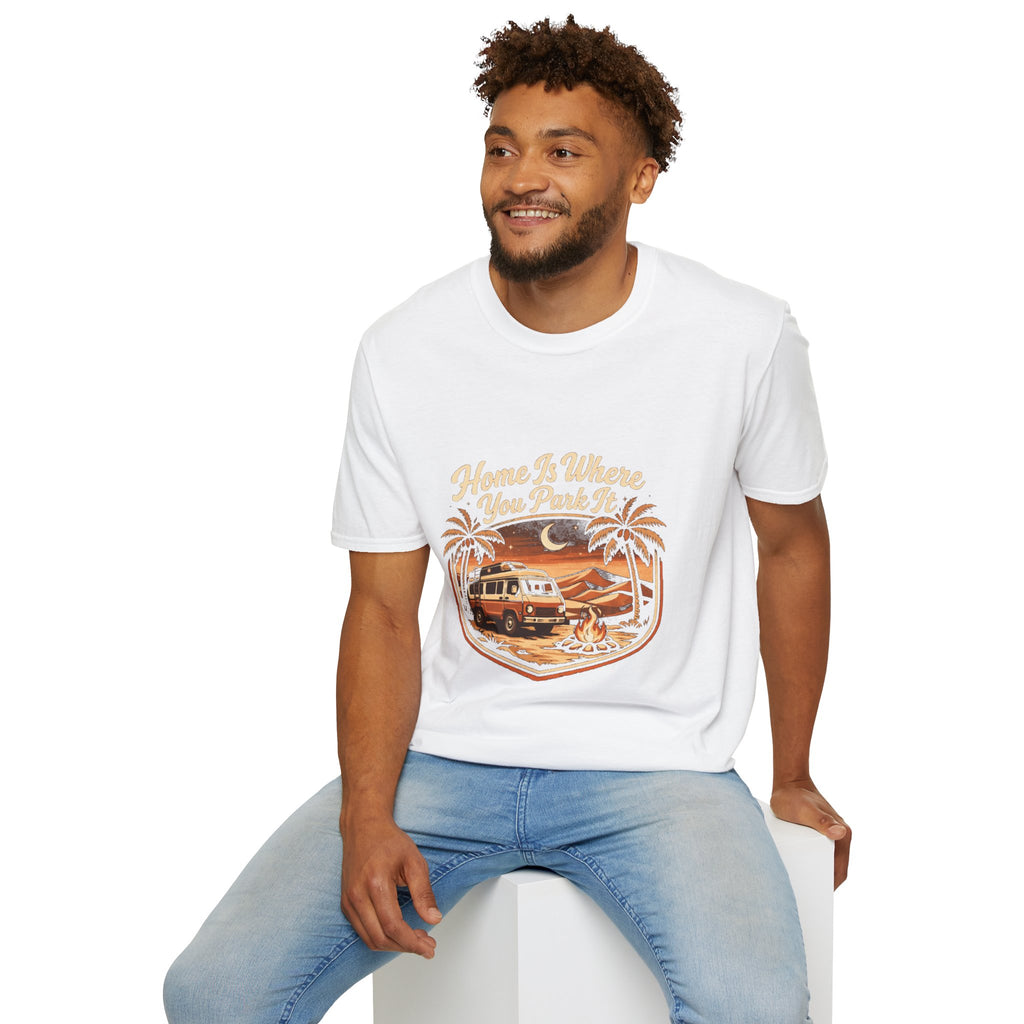 Vintage Surf Camper T-Shirt — "Home Is Where You Park It" Beach Tee