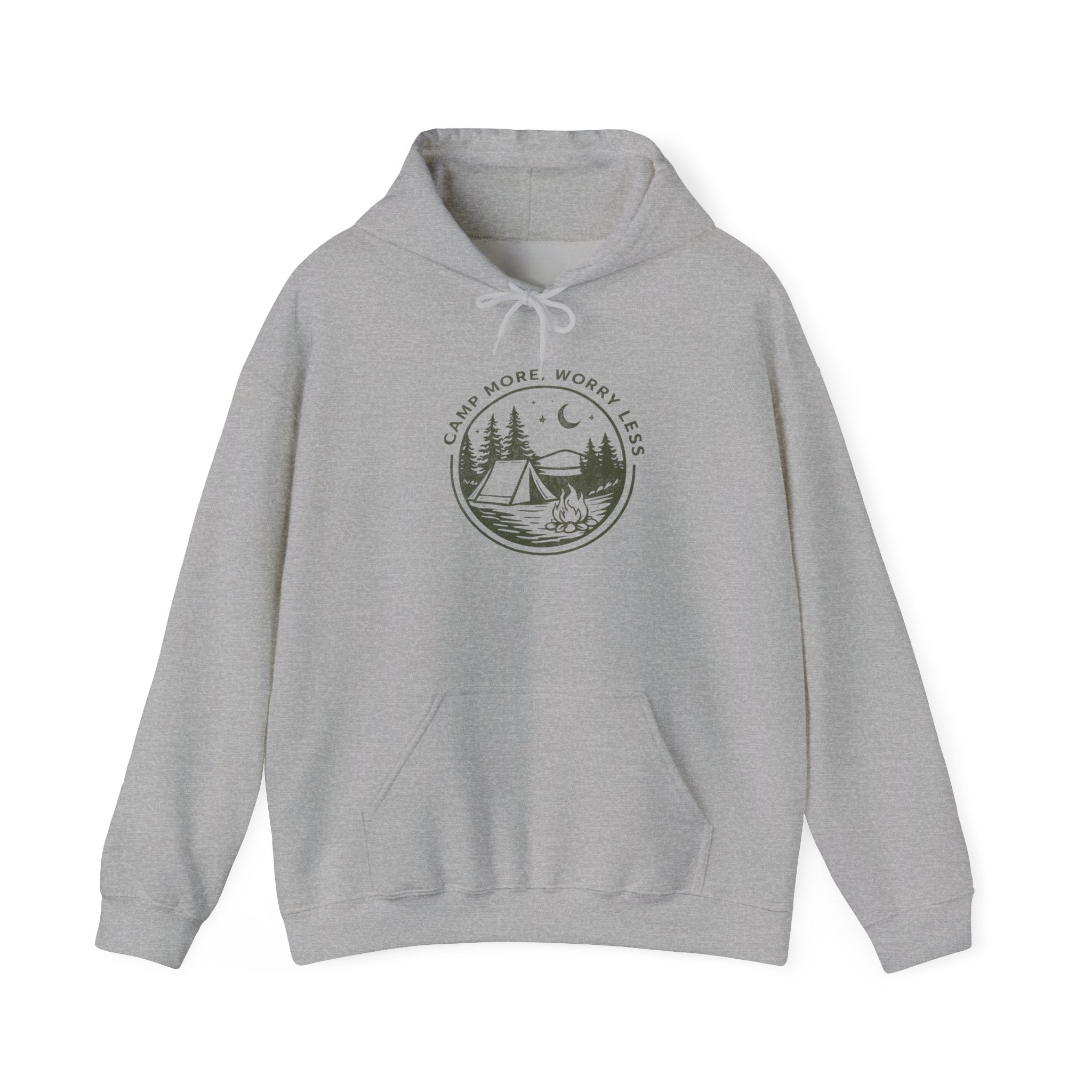 Camping Hoodie — "Camp More, Worry Less" Outdoor Adventure Pullover