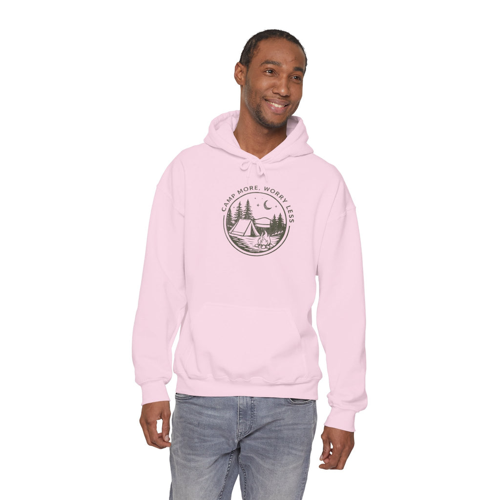Camping Hoodie — "Camp More, Worry Less" Outdoor Adventure Pullover