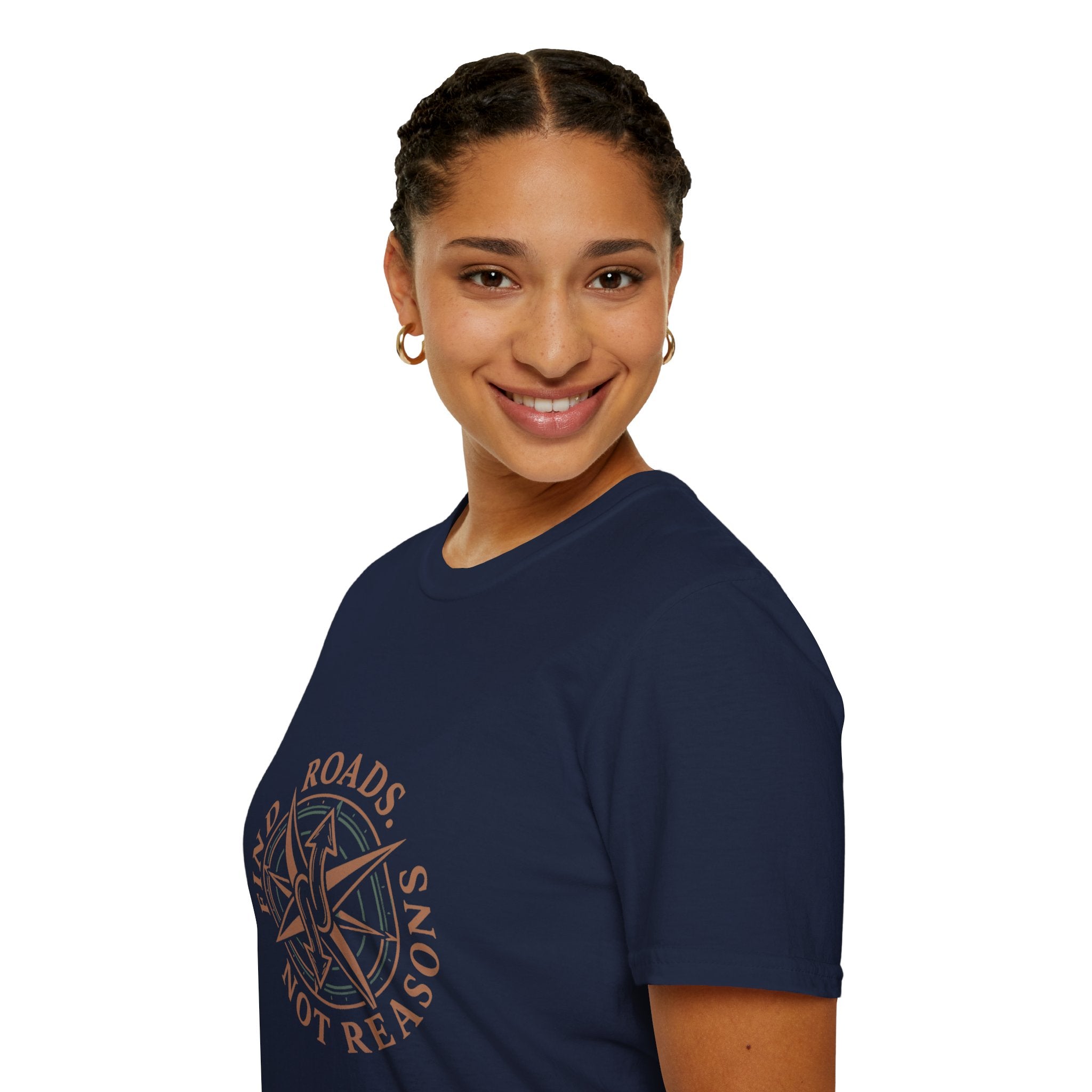 Compass Graphic T-Shirt — "Find Roads Not Reasons" Minimal Travel Tee